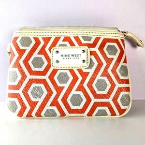 Nine West Faux Leather Wristlet Geometric Orange White Gray